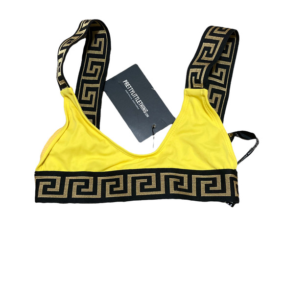 PrettyLittleThing Yellow Greek Key Low Scoop Bikini Top Cheeky Bottoms Size US 0 - Picture 5 of 15